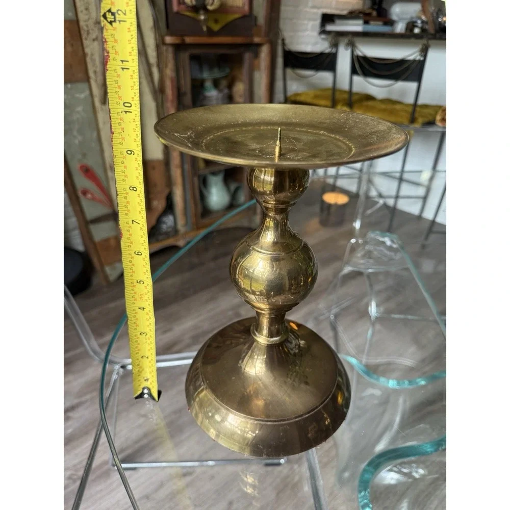 Vintage Solid Brass Bulb Pillar Candle Holders Pair Graduated Hollywood Regency